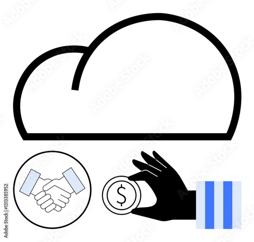 Cloud outline above handshake and coin-holding hand suggests online business, partnerships, and transactions. Ideal for finance, collaboration, technology, cloud storage, communication, teamwork