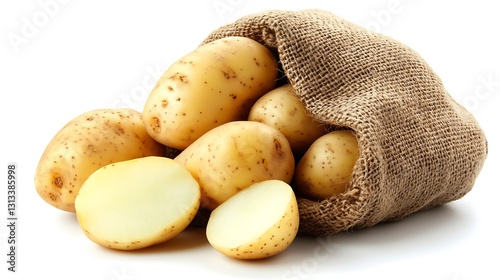 Ripe potato in burlap sack on white background