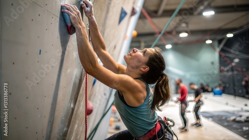 Rock climber scaling indoor climbing wall chalk dust hands Dynamic angle grip strength