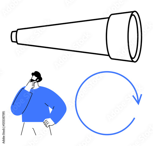 Telescope symbolizing exploration and foresight, man in thoughtful pose, circular arrow indicating process or repetition. Ideal for strategy, discovery, goal setting, vision, planning, innovation