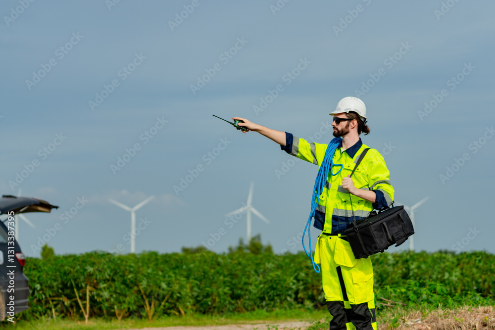 custom made wallpaper toronto digitalProfessional technician conducts maintenance in a renewable energy field with wind turbines in the background