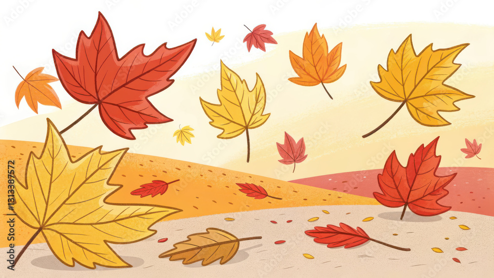 Colorful autumn leaves falling in whimsical landscape, showcasing vibrant reds, yellows, and oranges. scene captures essence of fall with playful touch Colorful autumn leaves falling in whimsical landscape, showcasing vibrant reds, yellows, and oranges. scene captures essence of fall with playful touch