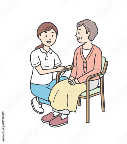 椅子に座る高齢女性と介助をする女性介護士の全身イラスト
