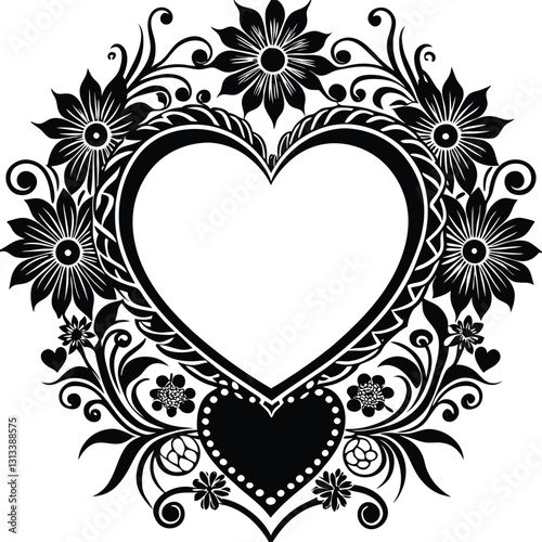 There is a black and white drawing of a heart with swirls generative ai