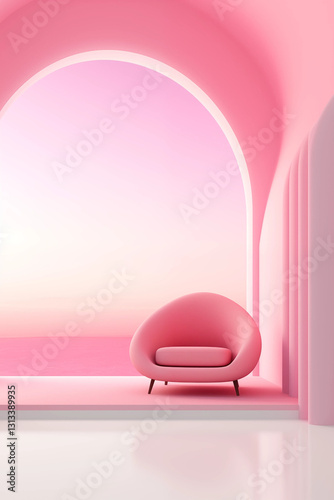 Pink Armchair in Minimalist Room with Ocean View