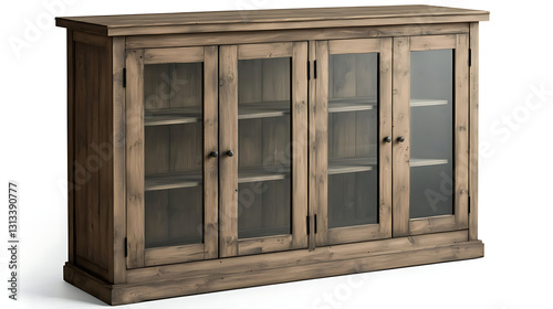 A wooden cabinet with four glass doors