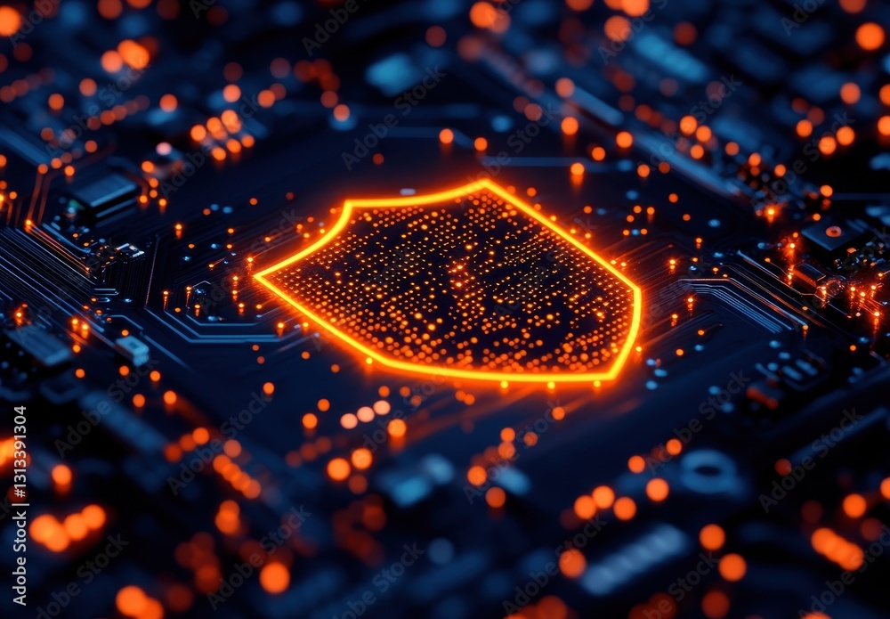 Abstract representation of digital security with glowing shield symbol on dark circuit board background showcasing technology and protection concept Abstract representation of digital security with glowing shield symbol on dark circuit board background showcasing technology and protection concept