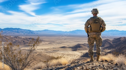 Soldier Surveying Expansive Desert Terrain Under Bright Sunny Sky