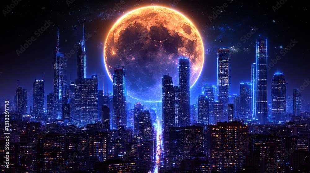 Obraz premium Futuristic cityscape at night with a glowing moon digital illustration of urban fantasy technology and glowing lights in a metropolis