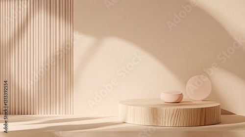 Neutral Beige Display Podium with Soft Shadows for Cosmetics