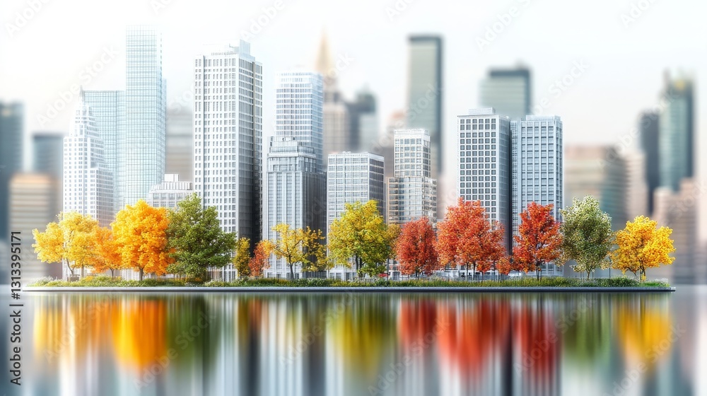 Obraz premium Vibrant city skyline with autumn trees reflecting in water showcases urban nature connection during fall season in modern metropolis