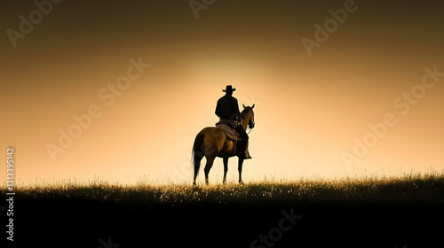 Lone Cowboy on Horseback at Sunset Silhouette in Wildflower Field