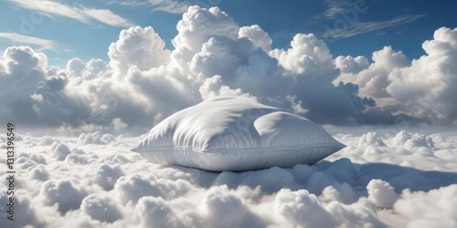Heavenly white pillow floating amongst the clouds, celestial, comfort, dreaminess