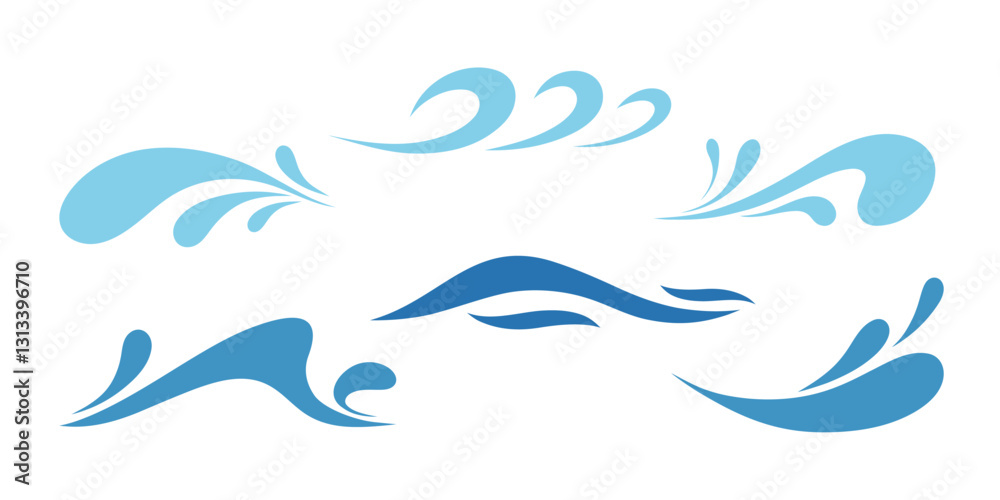 Fototapeta premium A set of icons of blue sea waves is hand-drawn, isolated on a white background, vector illustration. Decorative wavy element for decoration, design, label. Simple bend, water symbol, flat design