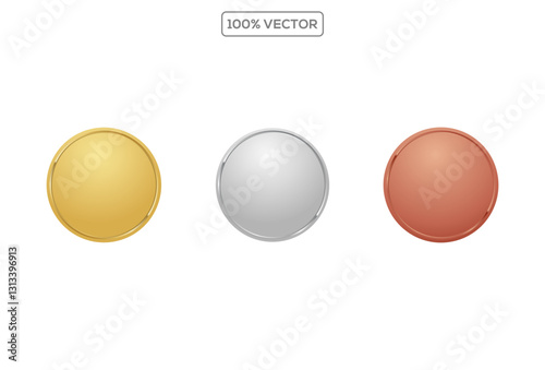 Award golden, silver and bronze blank medals 3d vector realistic illustration. First, second and third place medals or buttons isolated on transparant background.