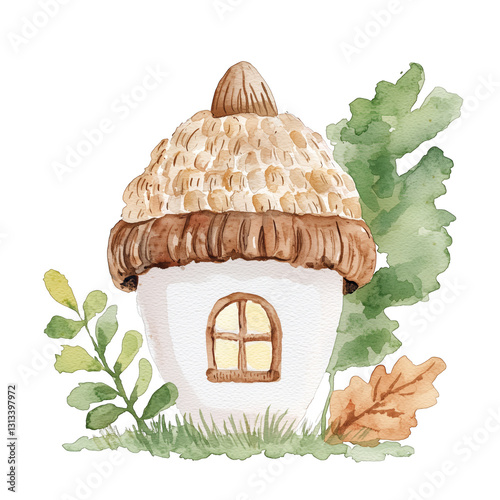 Whimsical Acorn House Surrounded by Greenery and Leaves