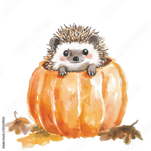 Adorable Hedgehog Sitting Inside a Pumpkin with Fall Leaves