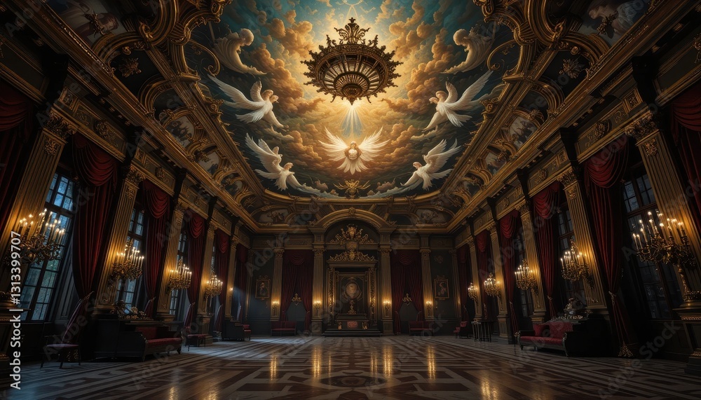 Obraz premium Grand Hall Interior Design Opulent Baroque Palace Room with Angelic Ceiling Mural