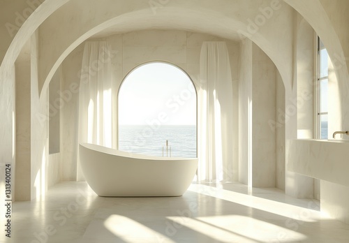 Bright and Contemporary Bathroom with Ocean View  Minimalist Design Features Natural Light and Elegant Aesthetics  Perfect for Relaxation and Serenity