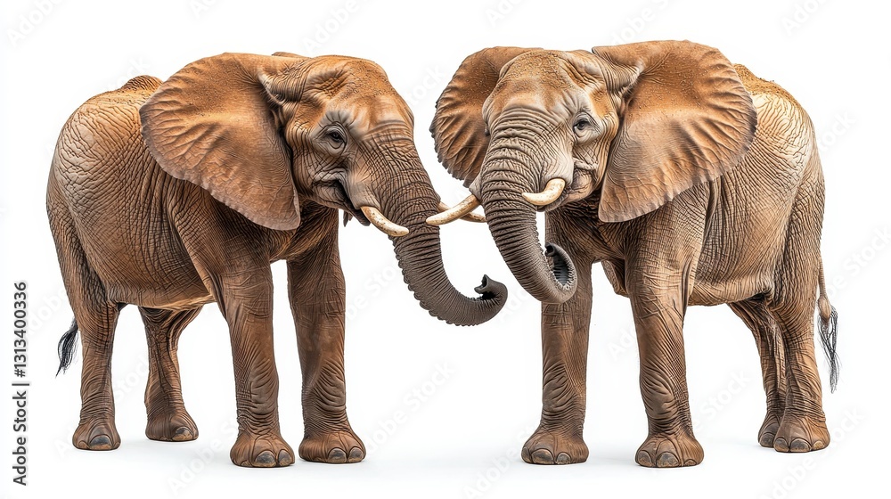 Obraz premium Two African Elephants Touching Trunks on White Background