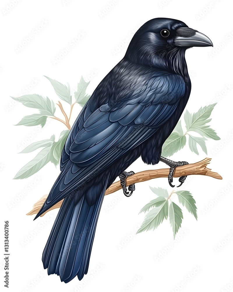 Fototapeta premium Detailed Illustration of an Iridescent Black Crow Perched on Leafy Branch