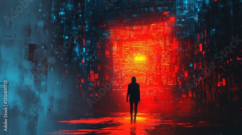Surreal Silhouette in a Futuristic Digital Corridor of Light