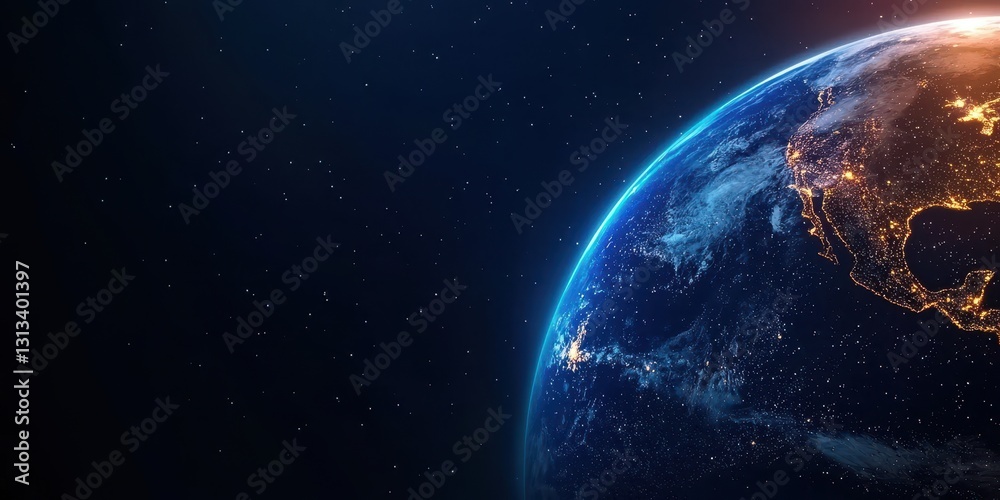 Obraz premium A stunning view of Earth from space, showcasing illuminated continents against a dark backdrop, highlighting the beauty of our planet.