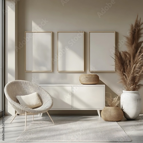 An empty wall with three A4 frames. In the room, there is a white sideboard and chair, with a neutral color palette