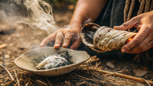 Indigenous smudge ceremony Person burn sage seashell smoke waft woodland clear Earthy natural