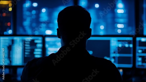 Dark Silhouette of a Person in Front of Multiple Computer Screens