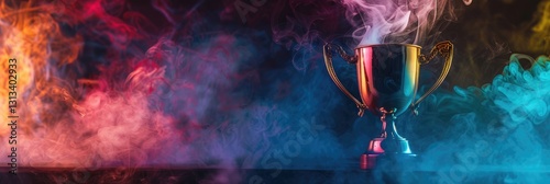 winner trophy with blue and purple smoke on black background - AI Generated