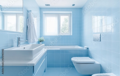 Bright and Modern Bathroom Interior Featuring Light Blue Tiles  Stylish Sink  and Contemporary Fixtures