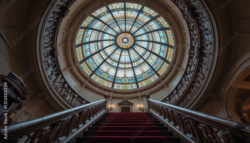 Grand Staircase Leading Upwards to a Stunning Stained Glass Dome Ceiling Grand Staircase Leading Upwards to a Stunning Stained Glass Dome Ceiling