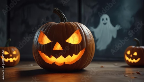 Jack O Lantern pumpkin with ghost design and glowing eyes, ghoul, spooky, Halloween night