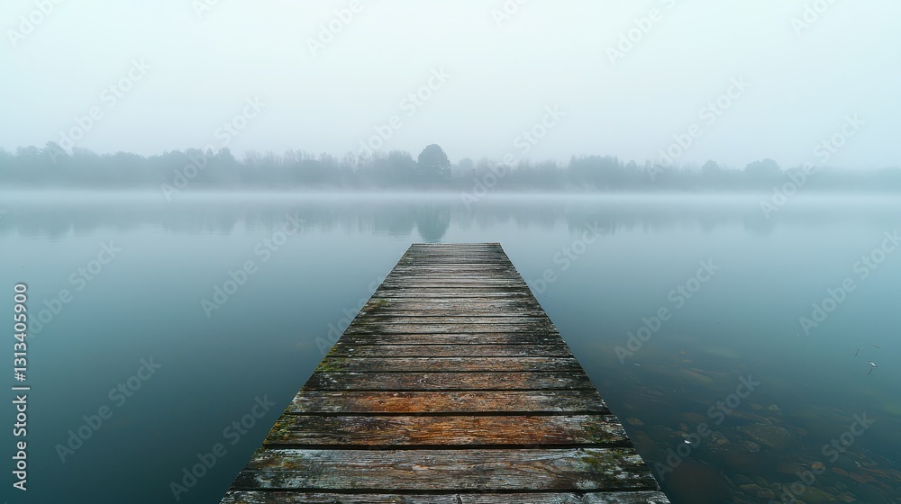 Serene Wooden Pier on Misty Lake Surrounded by Tranquil Landscape Serene Wooden Pier on Misty Lake Surrounded by Tranquil Landscape
