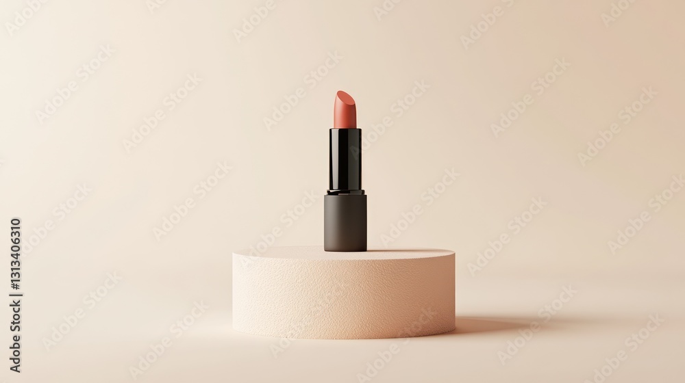 Lipstick on beige pedestal, studio shot, product display Lipstick on beige pedestal, studio shot, product display