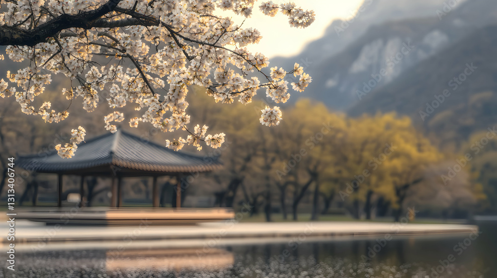 Blossoming Flowers Over a Traditional Pavilion Near Calm Water Blossoming Flowers Over a Traditional Pavilion Near Calm Water
