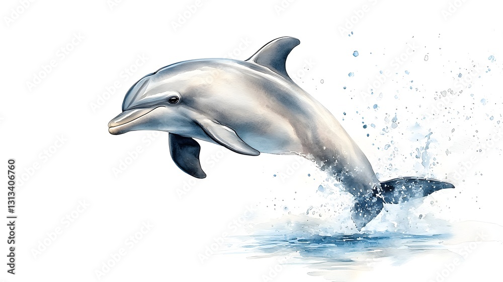Obraz premium Watercolor Dolphin Leaping Out of Blue Water Against a White Background