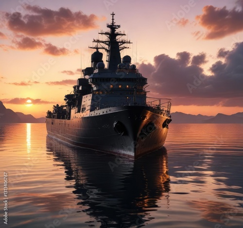 Large warship docked in a quiet sea bay at sunset, with gentle ripples on the water, ship, naval vessel