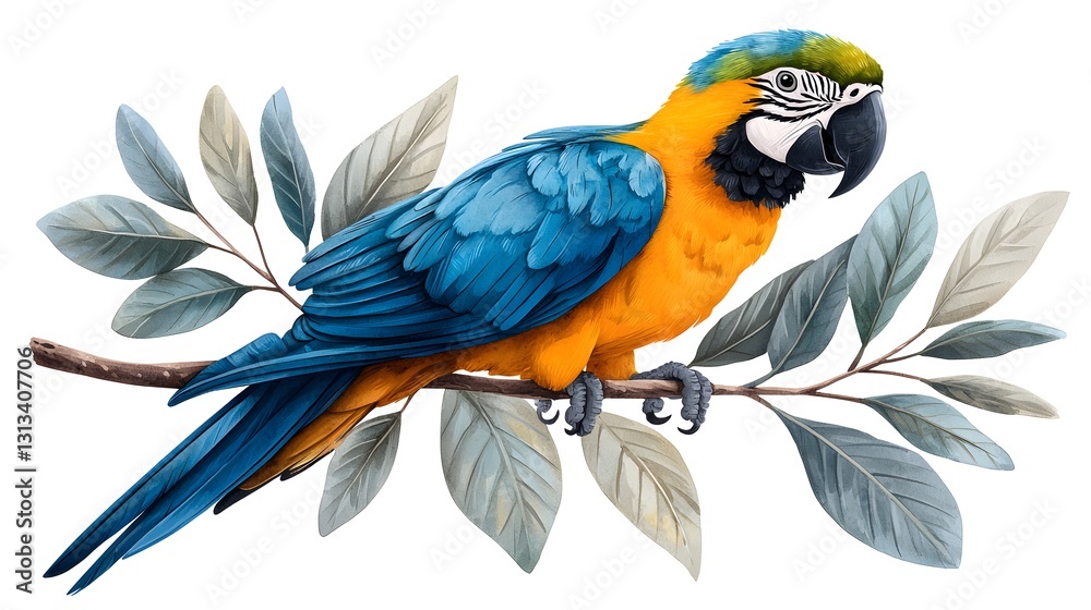 Obraz premium Blue and Yellow Macaw Pixel Art Illustration on Branch