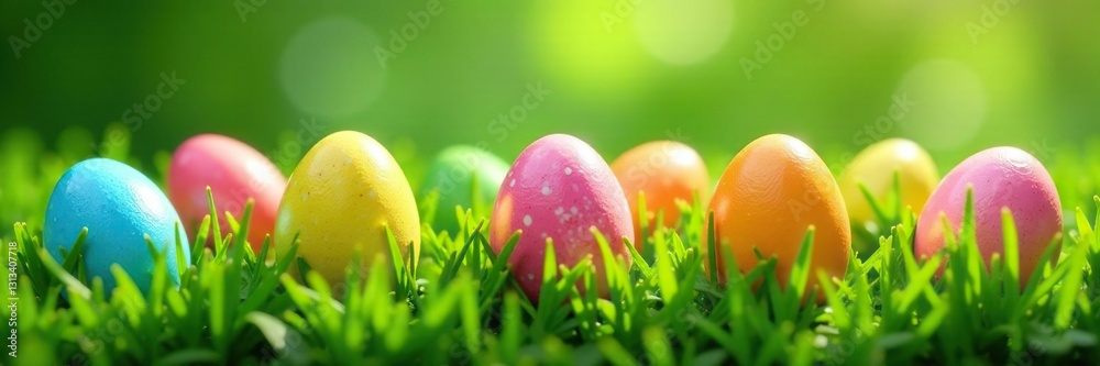 Fototapeta premium Vibrant speckled eggs on green grass backdrop, springtime, template
