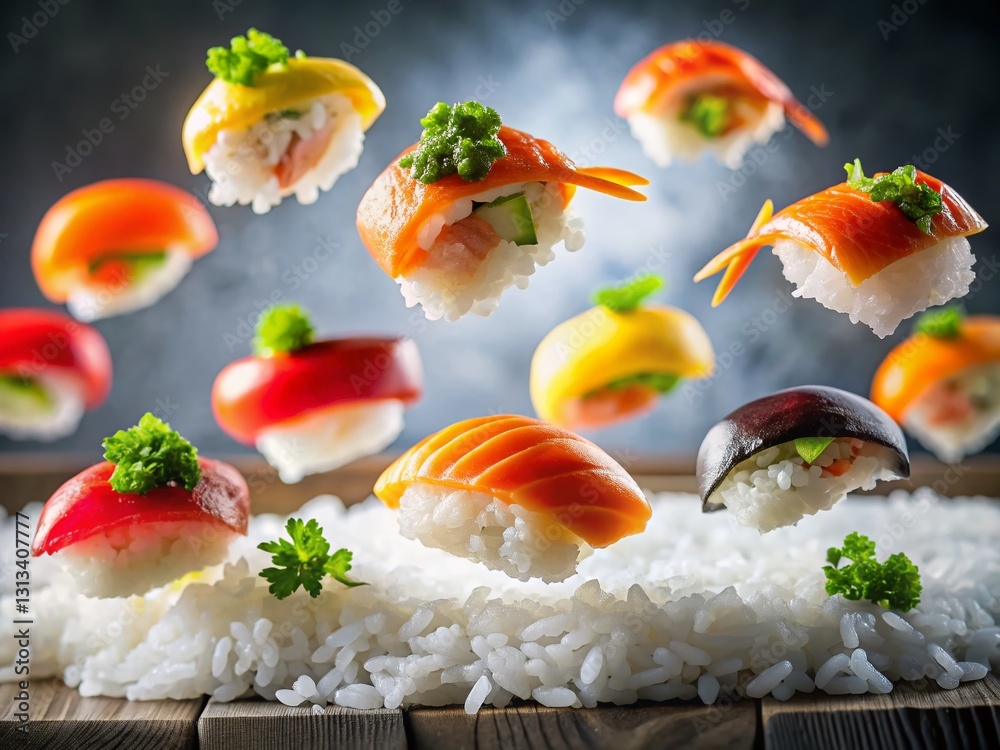 Vibrant Sushi Platter: Colorful Fish & Rice, Japanese Culinary Art Vibrant Sushi Platter: Colorful Fish & Rice, Japanese Culinary Art