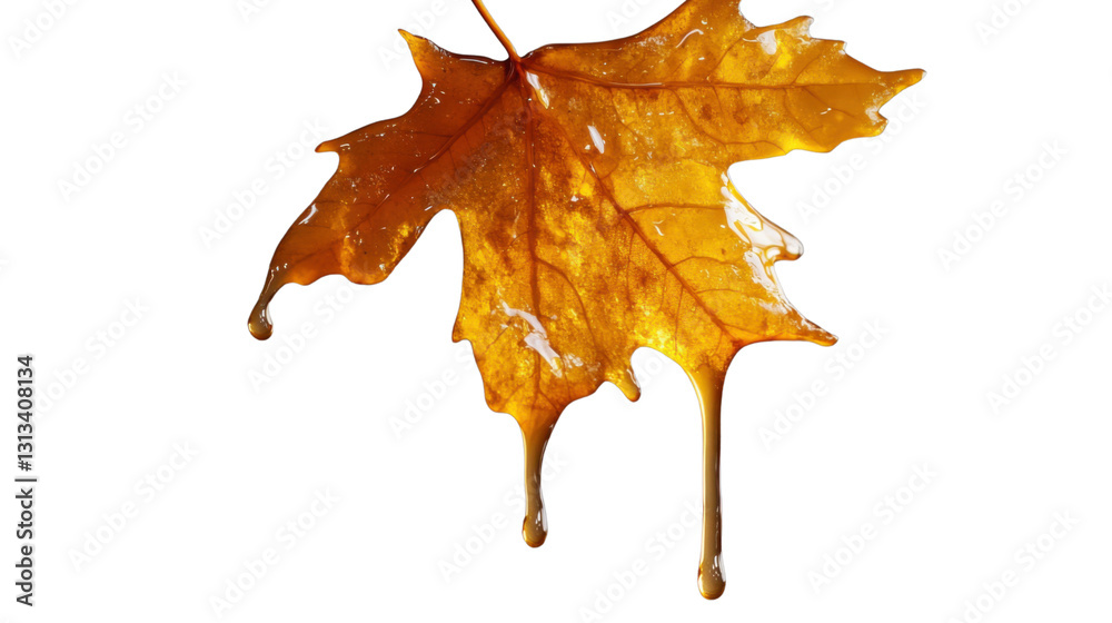 Fototapeta premium Honey dripping from a maple leaf on transparent background