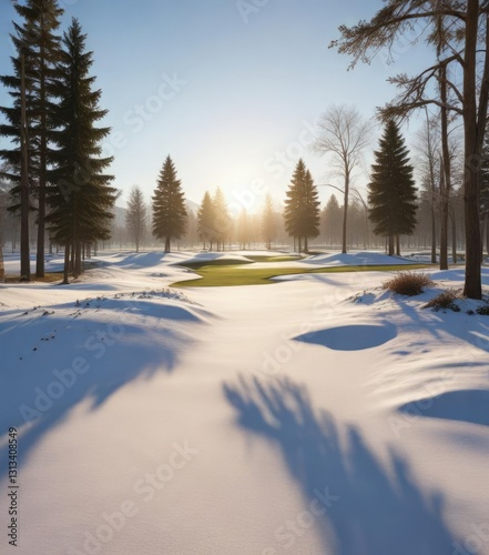 Long shadows stretch across a winter wonderland golf course, serene atmosphere, golf course