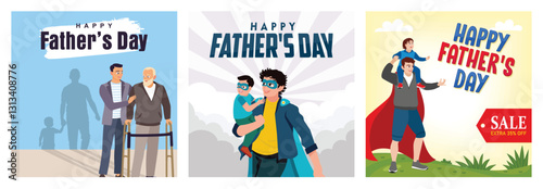 A boy helps his father walk. Father in a superhero costume .  discount offers for Father's Day.