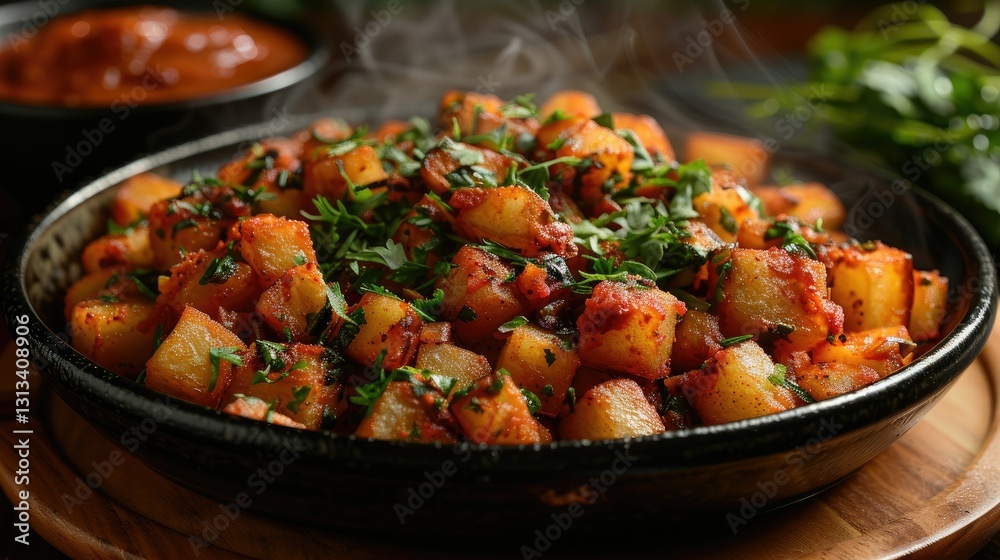 A steaming dish of spiced potatoes garnished with herbs, served in a black bowl.