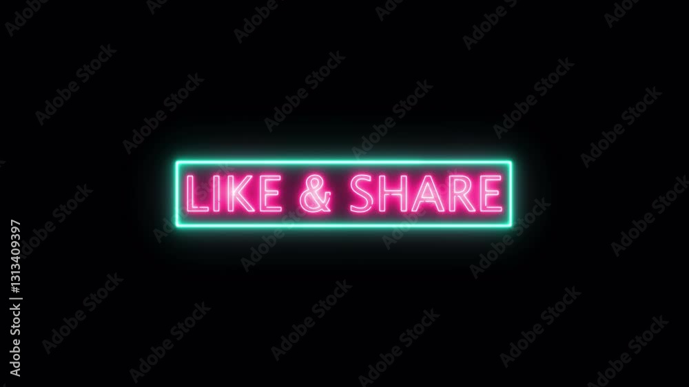 Like share neon sign animation on black background, social media likes share neon sign glowing animated.