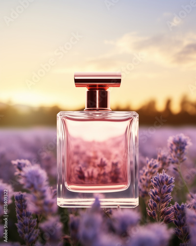Elegant Perfume Glass Bottle In French Lavender Flower Fields. Floral Fragrance. Soft Bokeh Background. Product Mockup.