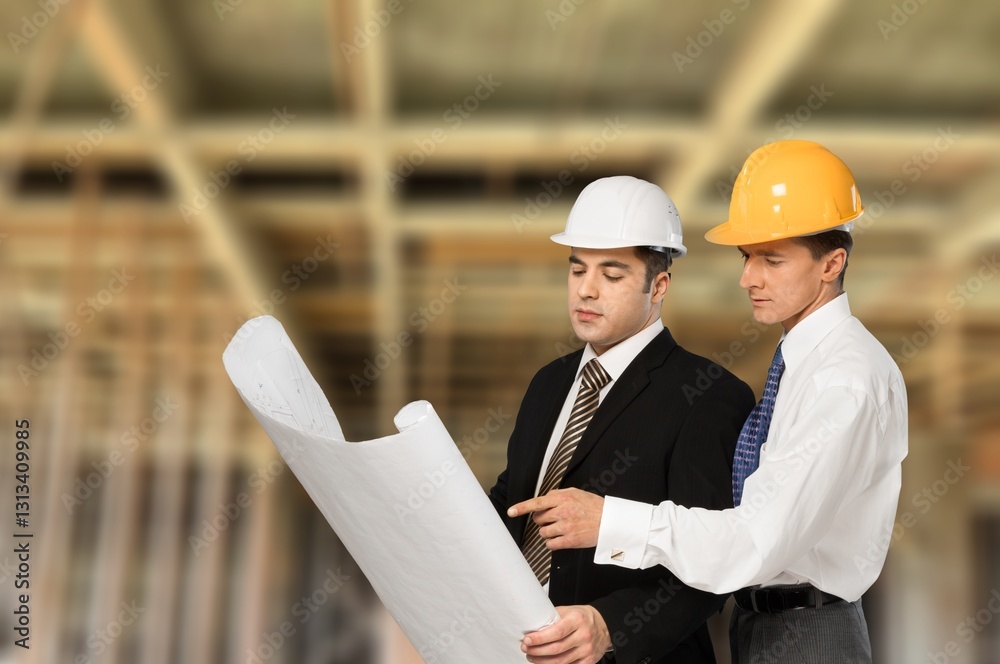 Structural engineer and architect worker discuss plan working Structural engineer and architect worker discuss plan working