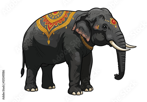 Asian elephant clip art. This image shows a decorated Asian elephant with intricate patterns on its body. Vector illustration design.